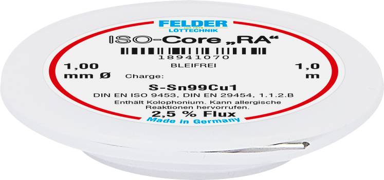 Loddetrådrulle fra FELDER med påskrift 'ISO-Core "RA"' og sammensætning S-Sn99Cu1, blyfri, 1 mm diameter, indeholder kolofon.