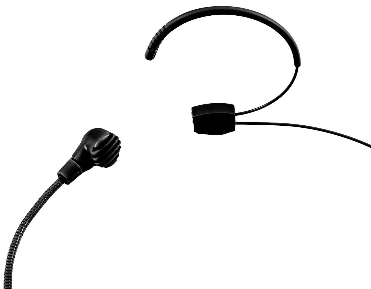 Et sort headset med mikrofon på fleksibel arm og ørebøjle. Mikrofonen er fremhævet og adskilt fra ørebøjlen.