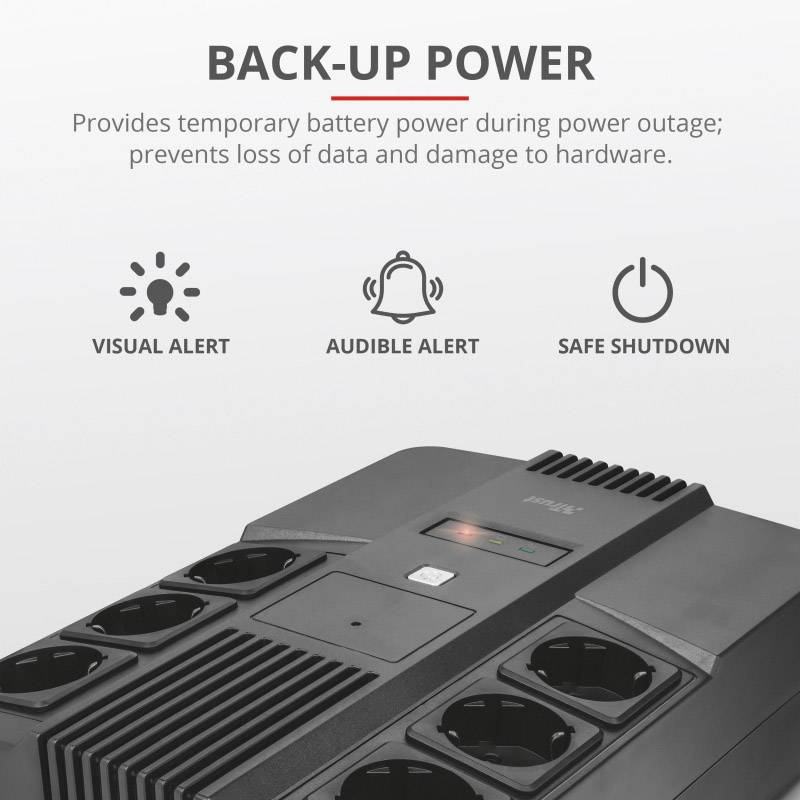Et sort strømforsyningssystem med flere stikkontakter. Tekst 'BACK-UP STRØM', viser funktioner: visuel og akustisk advarsel, automatisk slukning.