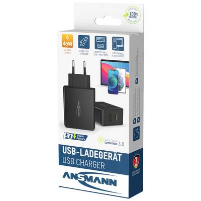 Emballage til en 45W USB-oplader med to USB-C og USB-A porte, egnet til smartphones og bærbare computere.