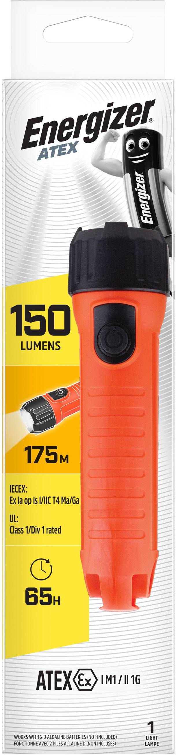 Orange Energizer-lommelygte i emballage, 150 lumen, rækkevidde 175 m, driftstid 65 timer, egnet til ATEX-områder.