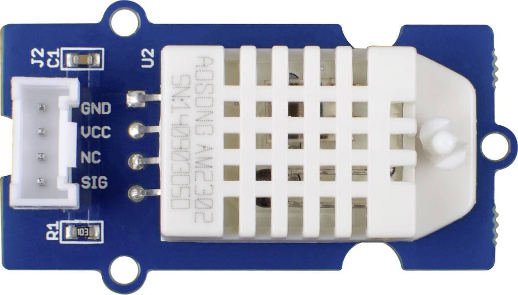 En blå sensor med hvide tilslutningsdetaljer, mærket som AOSONG AM2302, monteret på et printpanel. Forbindelser for GND, VCC, NC, SIG.