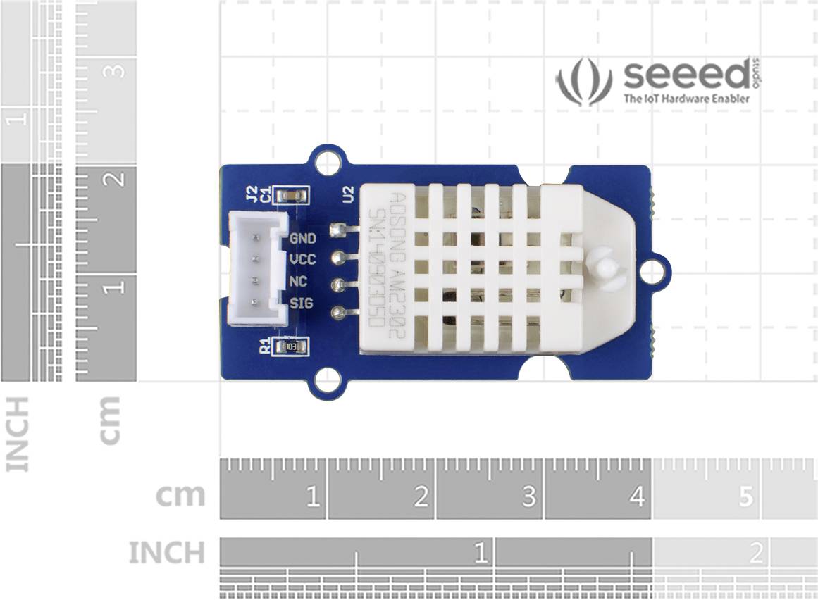 Fugtsensor-modul med gitternetlinjer som størrelsesreference, varemærkelogo i øverste højre hjørne.