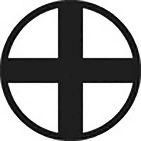 Et sort kors i en cirkel på hvid baggrund. Et symbol, der ofte bruges til navigation eller rettelse.