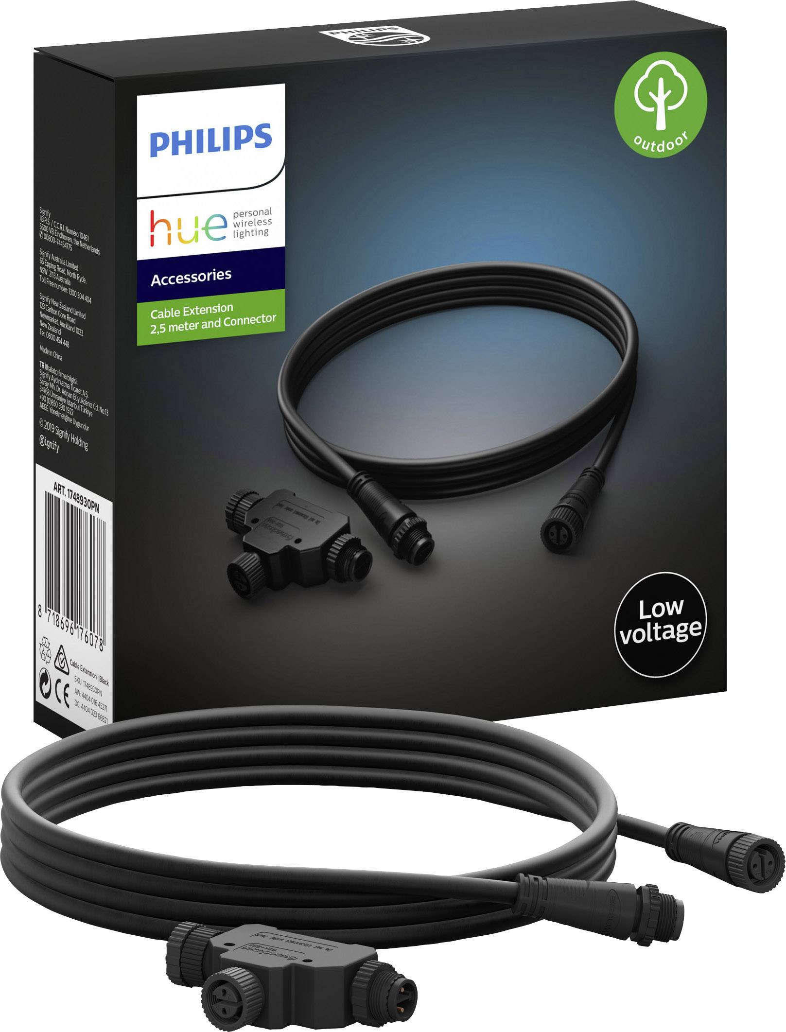 En Philips Hue kabelforlænger til udendørsbrug, med 2,5 meters længde og stikforbindelser, i en sort emballage.