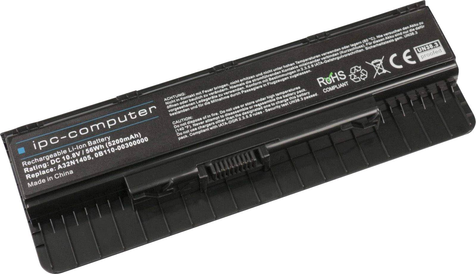 Sort lithium-ion batteri til bærbare computere med hvide specifikationer på oversiden, mærke 'ipc-computer', kapacitet 5200mAh.
