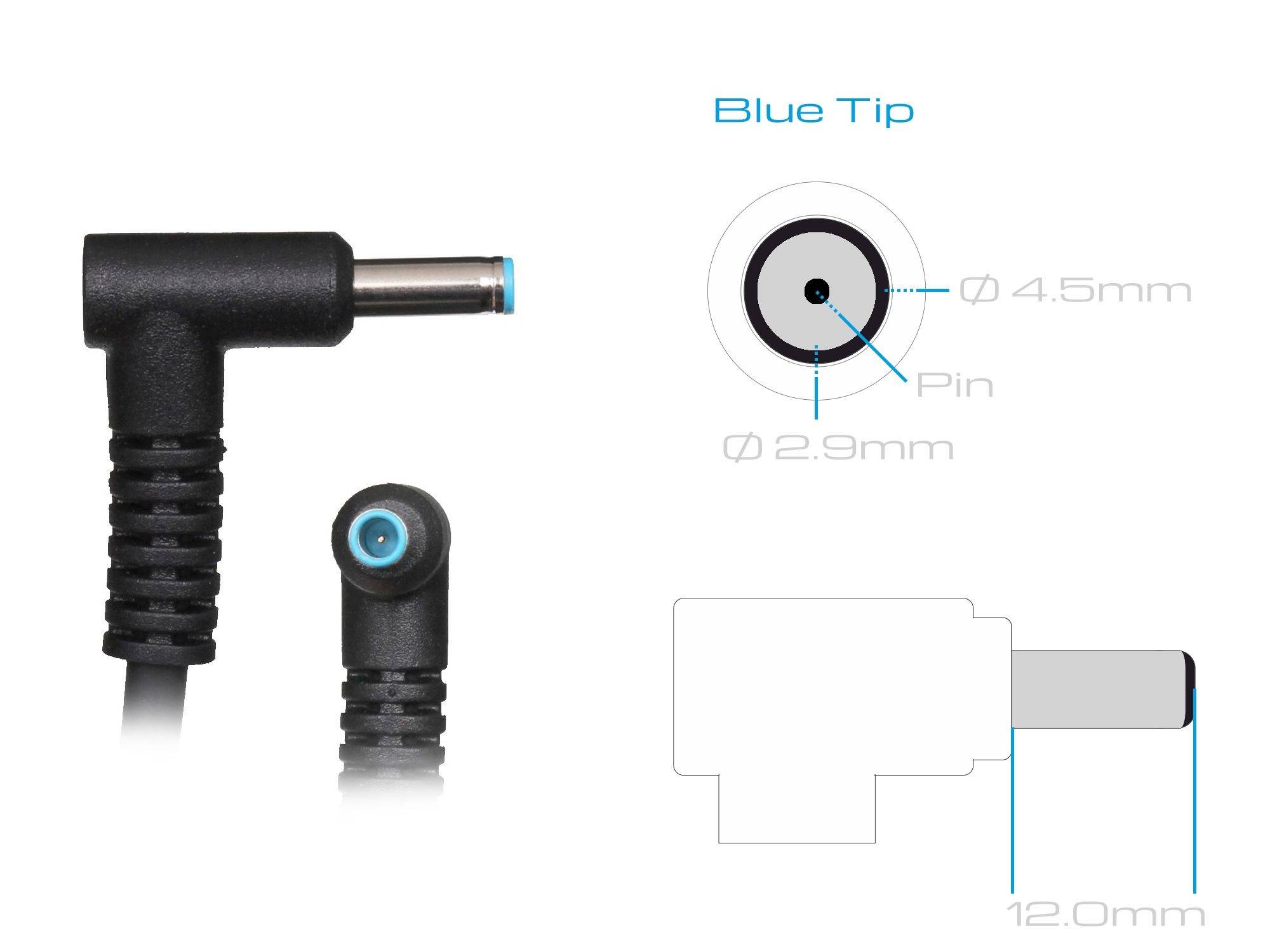 DC-stik med vinkel og blå ende. Diagram viser detaljemål: Ydre diameter 4,5 mm, pin 2,9 mm, længde 12,0 mm.