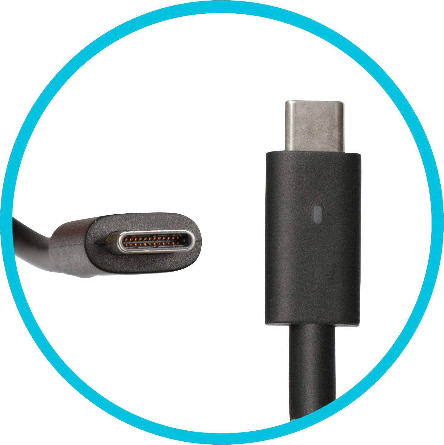 To USB-C-stik, et set fra siden i nærbillede og et set forfra, viser kompatibiliteten med moderne enheder.
