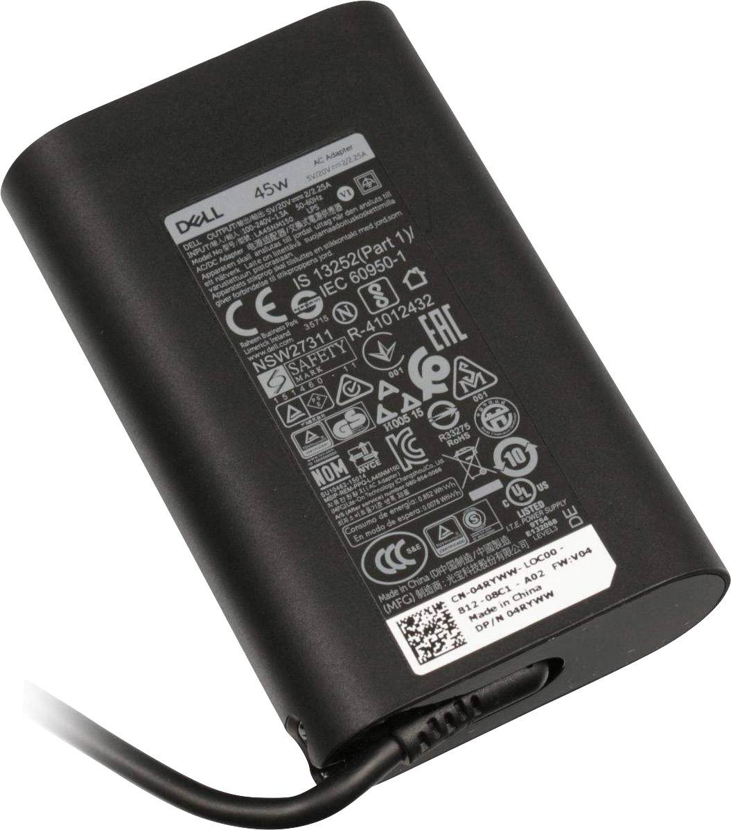 Sort laptopstrømforsyning (Dell, 45W) med variable stikforbindelser og flere sikkerheds- og certificeringsmærkater.
