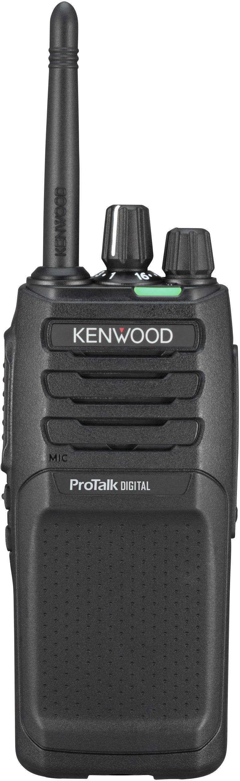 Et sort håndholdt walkie-talkie med mærkelogo og digitale display- og betjeningselementer.