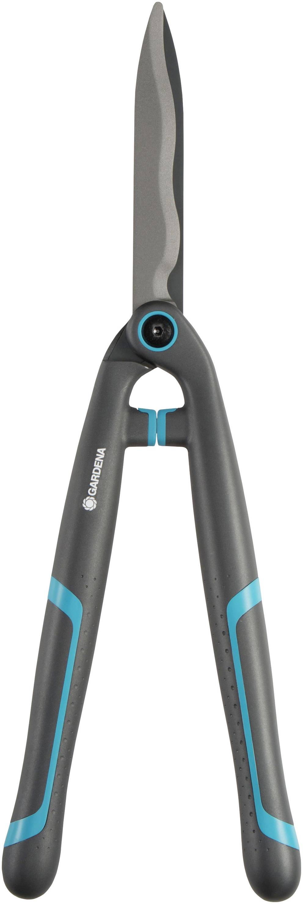 En grå og blå hækkeklipper med lange, skarpe klinger og ergonomisk formede håndtag til klipning af hække.