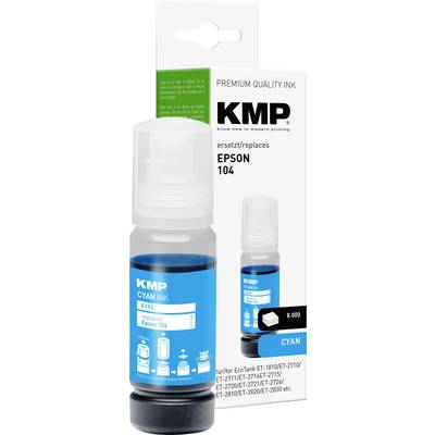 'KMP premium kvalitets cyan blækflaske til Epson EcoTank printere, erstatter Epson 104. Inkluderer 8.000 siders rækkevidde. Boks viser produktinformation.'