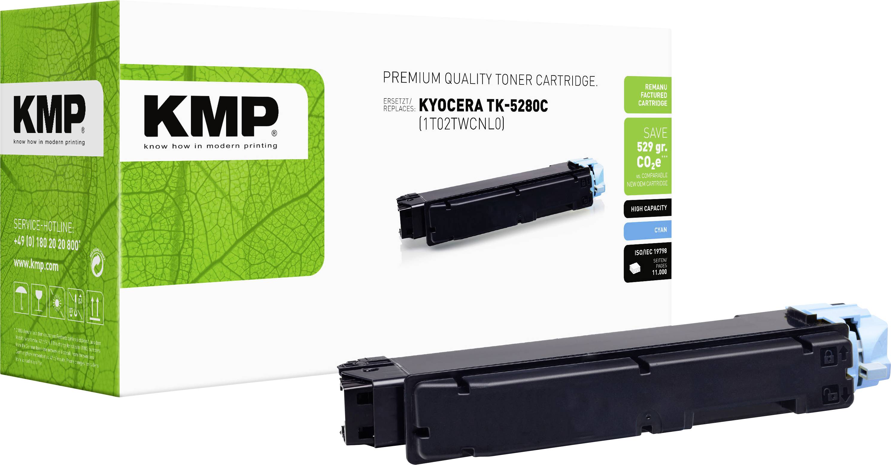 KMP tonerpatron til KYOCERA TK-5280C printer, 100% kompatibel, med 36 måneders garanti. Emballagen viser patronen og grøn grafik.