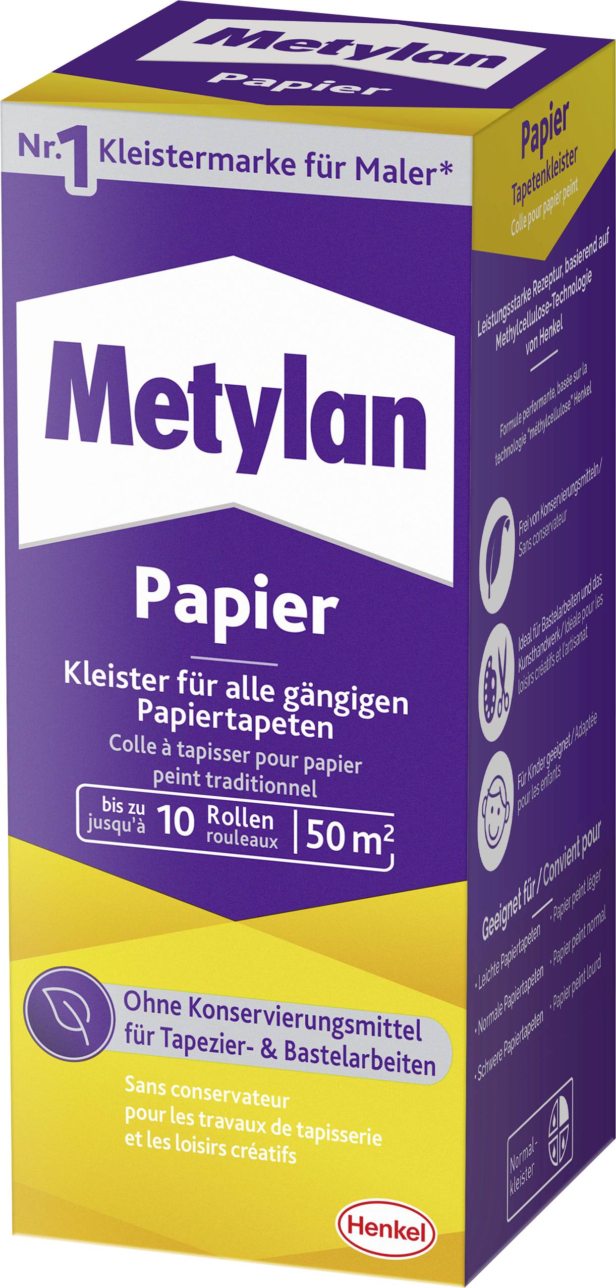 En æske Metylan Papier tapetklister, velegnet til traditionelle papirtapeter, indeholder 10 ruller, der dækker op til 50 kvadratmeter.