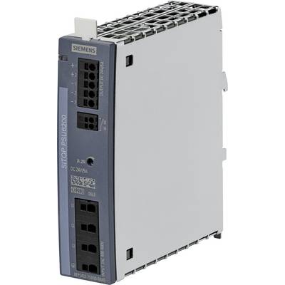 Et switch-strømforsyningsmodul fra Siemens, model SITOP PSU6200, viser stik og spændingsoplysninger fortil.