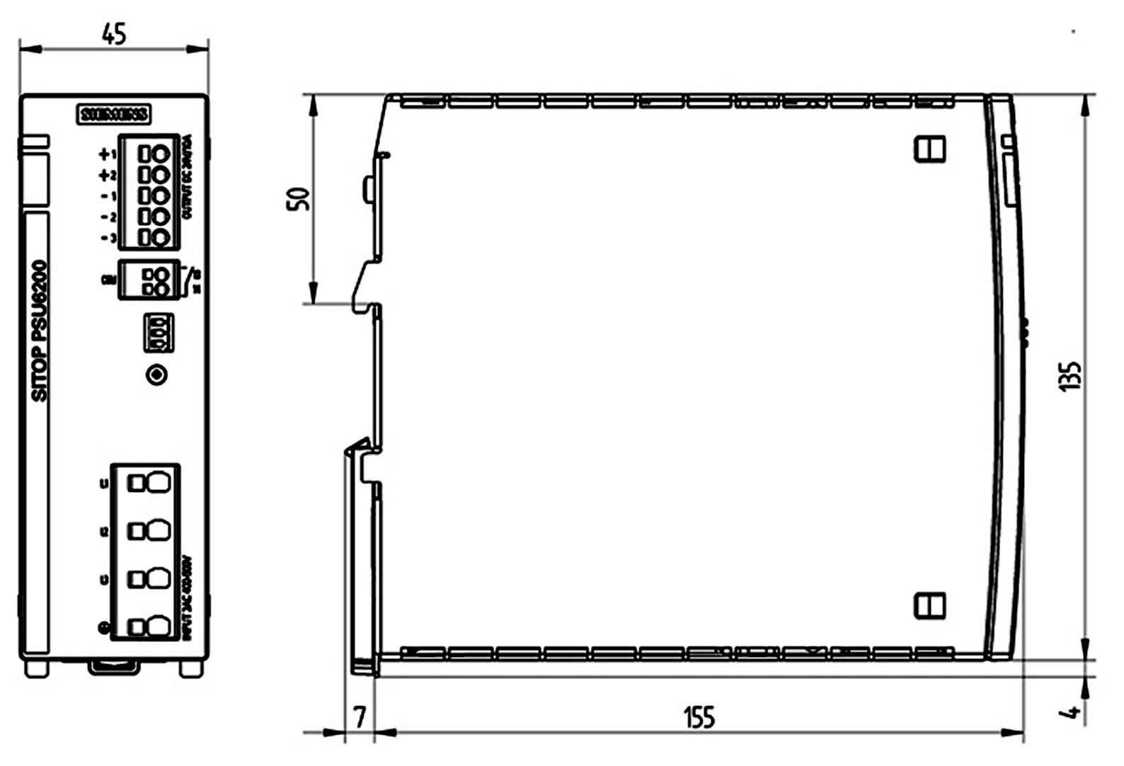 Teknisk tegning af en elektronisk enhed med følgende dimensioner: Højde 135 mm, bredde 45 mm, dybde 155 mm. Model 'SITOP PSU400M'.