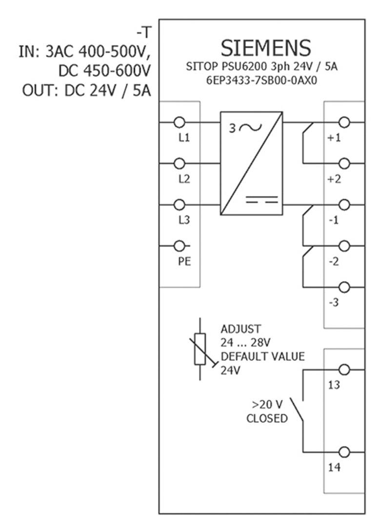 Elektrisk principdiagram for Siemens SITOP PSU6200 strømforsyning. Viser indgangs- og udgangsspændinger, klemmer og indstillingsmuligheder.