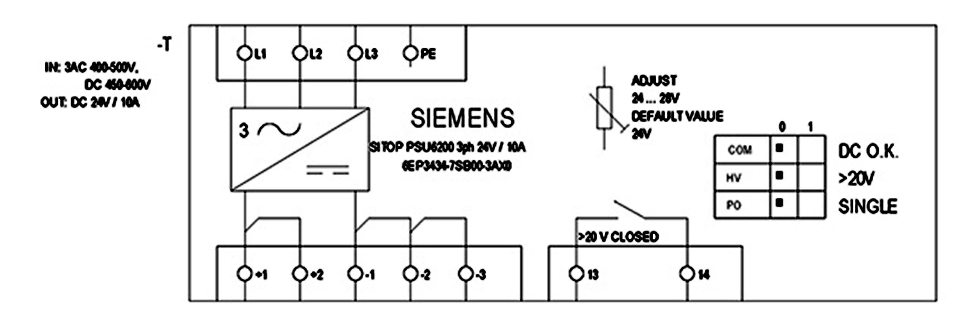 'Kredsløbsdiagram for Siemens strømforsyning 24V/1A. Viser tilslutninger, spændingsområde og konfiguration. Inkluderer sikring og beskyttelse.'