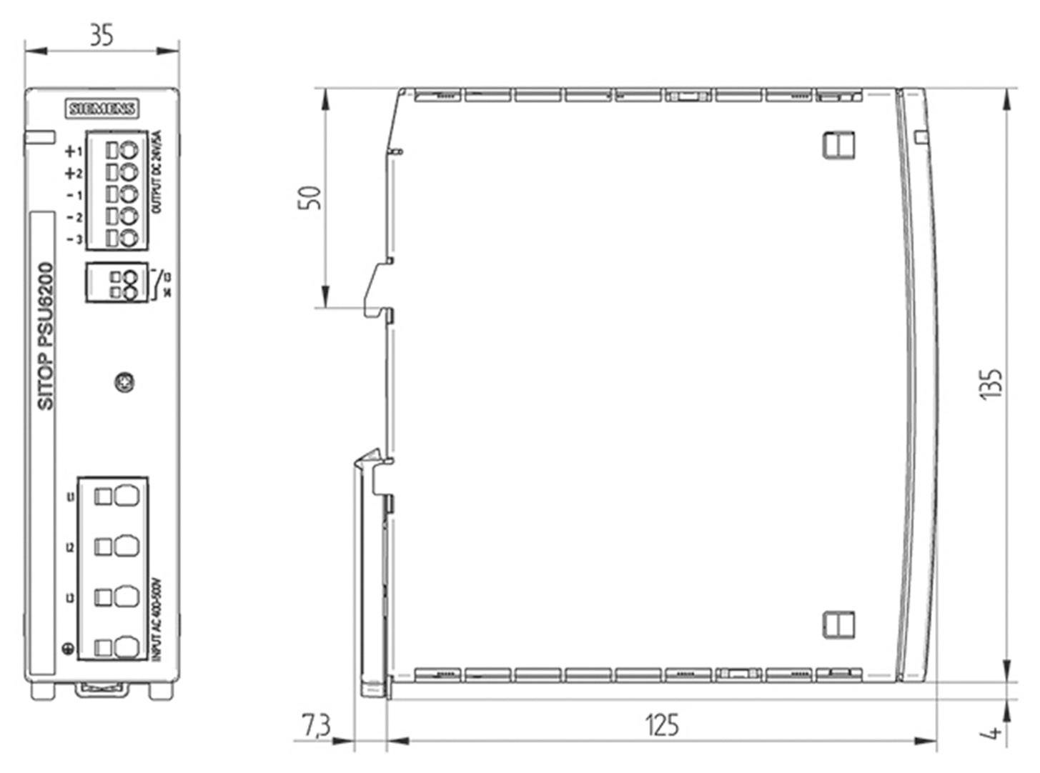 Sidevisning og frontvisning af en SITOP PSU6200 strømforsyning med dimensioner: 35 mm bredde, 125 mm højde og 135 mm dybde.