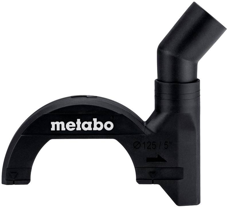 Sort Metabo støvudtrækhætte med vinklet slangeforbindelse og 5-tommer/125 mm markering, vist på hvid baggrund.