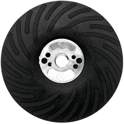 Sort cirkulært slibeskive med spiralformet indskæringer og et metalcenter-nav, vist isoleret på hvid baggrund.