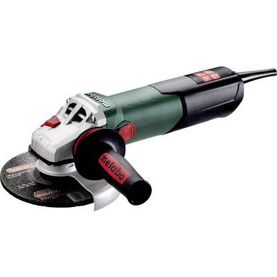 Grøn Metabo vinkelsliber med monteret skæreskive og sidehåndtag på hvid baggrund.