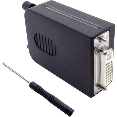 Sort HDMI-til-DVI-adapter ved siden af en lille skruetrækker, på hvid baggrund.