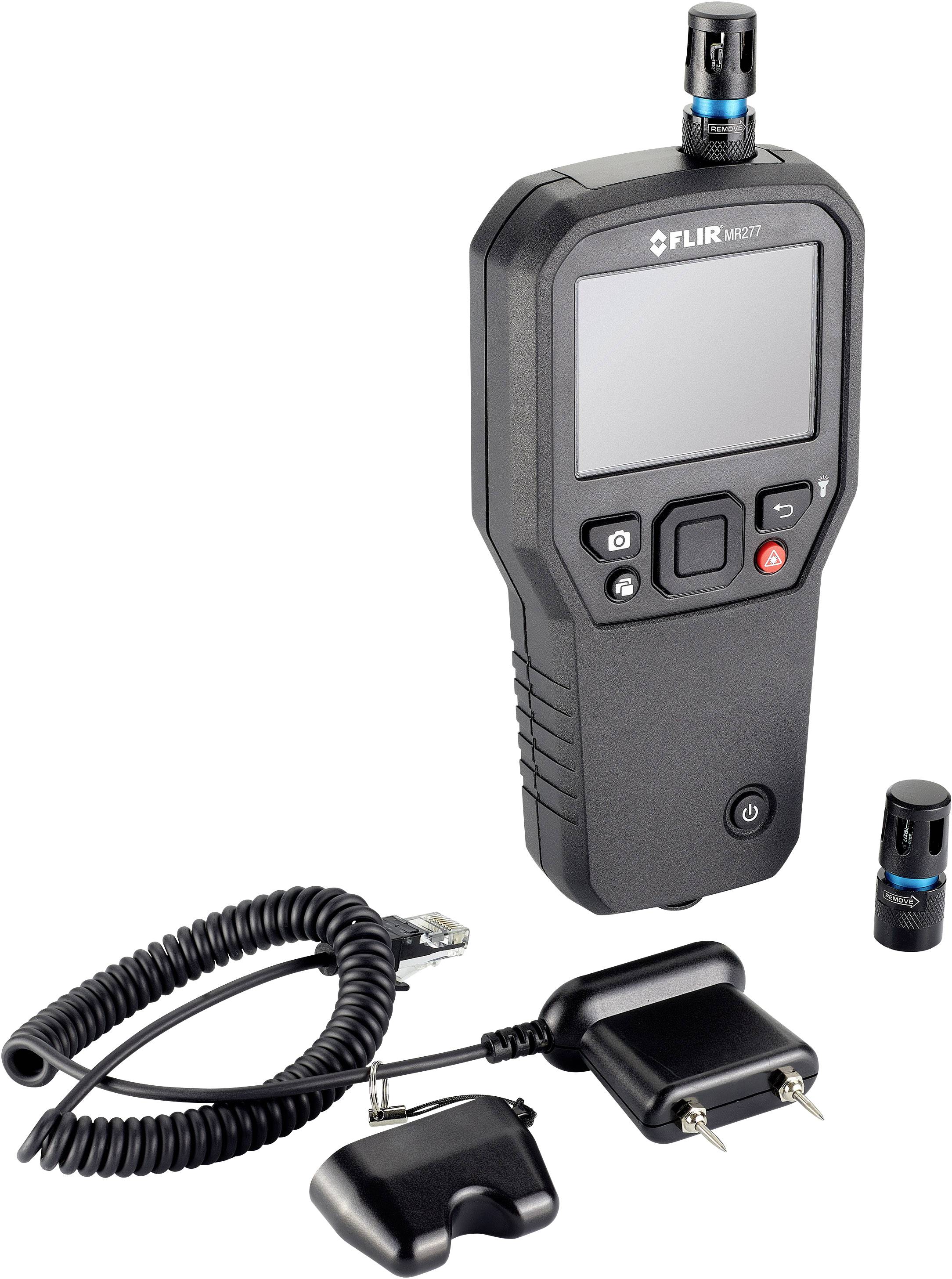 Et bærbart FLIR-måleapparat med skærm, omgivet af aftagelige sensorer og et USB-opladningskabel. Primært bruges det til gasdetektering.