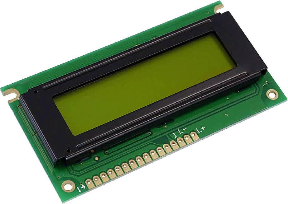 Et LCD-modul med grøn baggrundsbelysning, sort kabinet. Viser ingen tegn. Egnet til elektroniske displayprojekter.