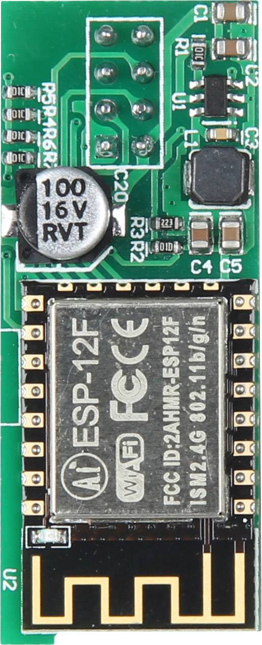 Et grønt ESP-12F WLAN-modul med sølvfarvede komponenter og en sort chip. Kabinettet viser tekniske oplysninger og logoer.