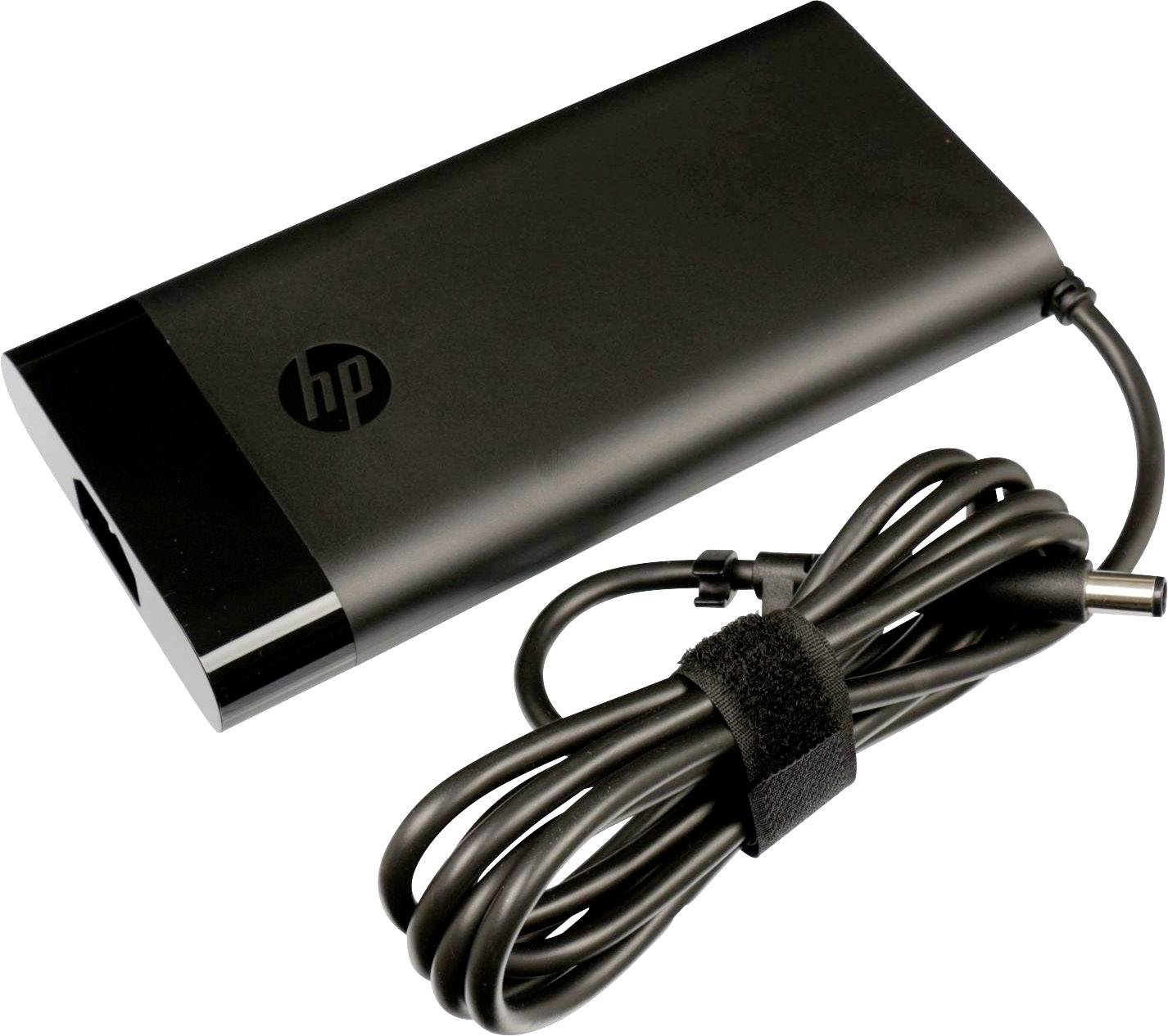 Et sort HP-laptopoplader med kabel, rullet op og sikret med velcrobånd.