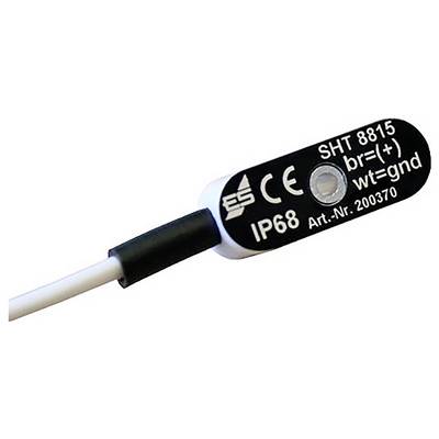 Et nærbillede af en sort elektronisk sensor mærket 'SHT 8815', med markeringer for 'IP68', 'br=+' og 'wt=gnd', forbundet med en hvid ledning.