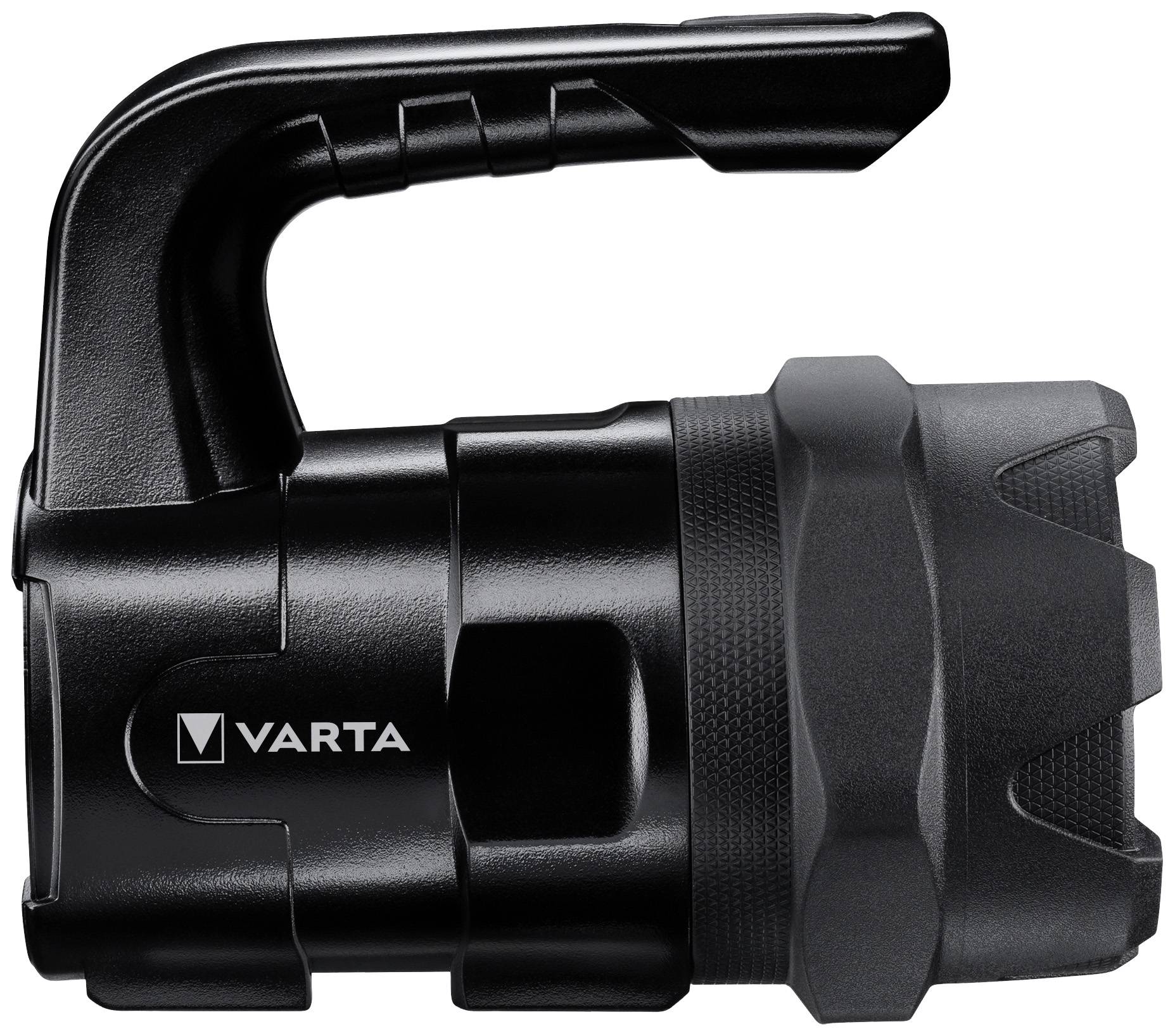 Sort Varta-lommelygte med ergonomisk greb, robust design og justerbar lyskegle.