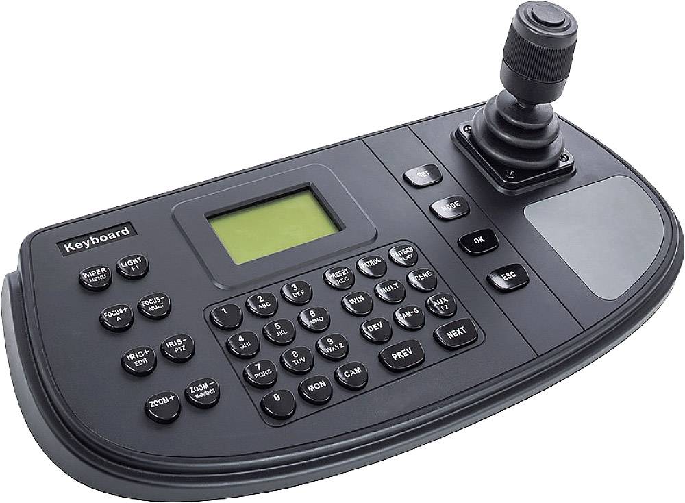 Sort fjernstyringspanel med tastatur, display og joystick. Bruges til styring af overvågningskameraer.