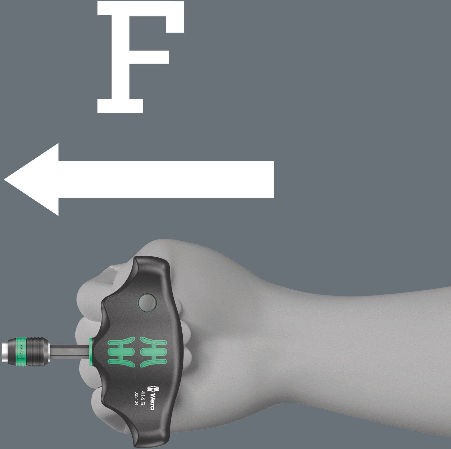 En hånd holder en momentnøgle, der peger mod venstre på 'F', hvilket indikerer stramning.