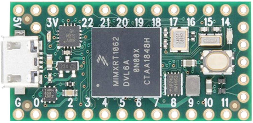Lille grønt mikrocontroller-board med mange tilslutninger; central sort chip-påskrift: 'MIMXRT1062'.