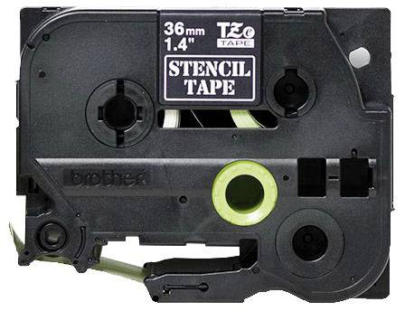 Kassette med 36 mm 'Stencil Tape' til printer, sort med etiket.