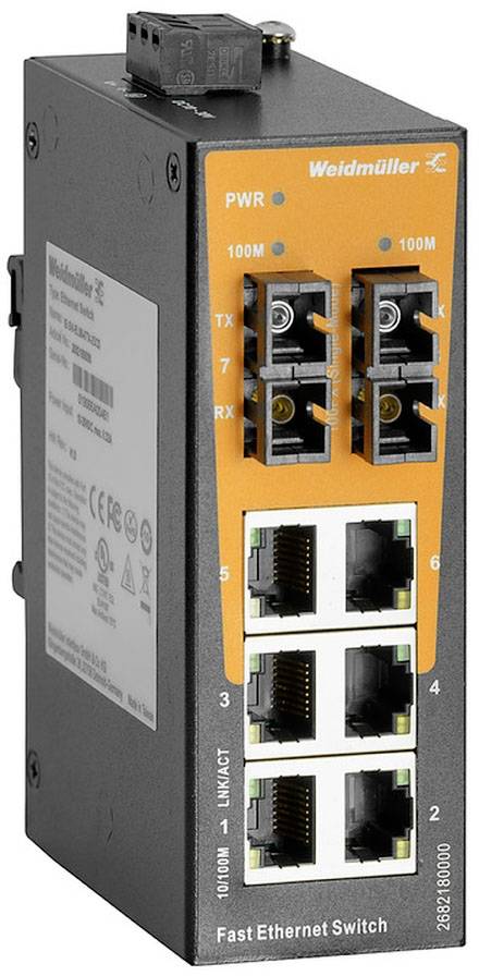 En sort Weidmüller Fast Ethernet switch med orange front viser LED-indikatorer for PWR, 100M, TX, RX og Ethernet-porte.