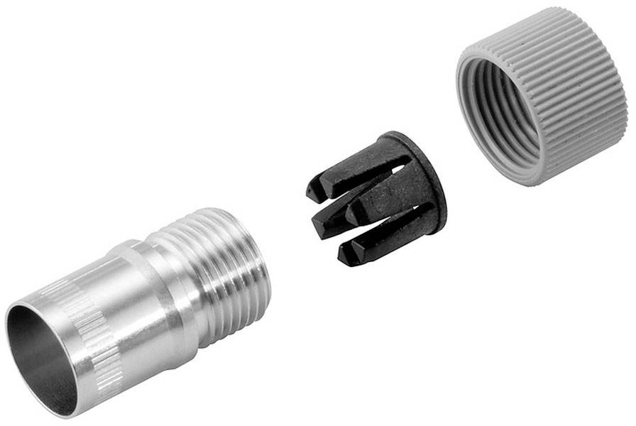 Tre dele af et forbindelsessæt: Metaladapter, sort plastikstik og grå skruelåg.