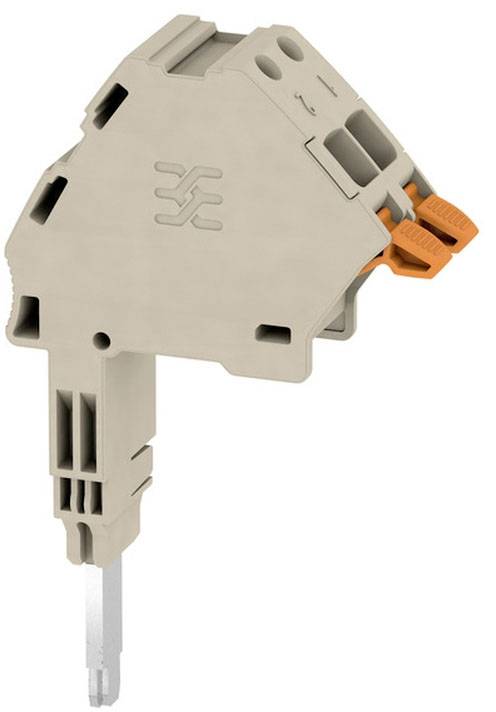 Et beige klemmeblokmodul med to orange håndtag på toppen, bruges til elektriske forbindelser.