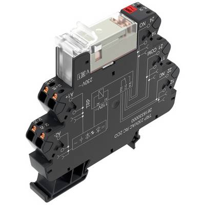 Sort elektronisk relæmodul med flere tilslutninger, mærkninger og kredsløbsdiagrammer på overfladen, transparent låg foroven.
