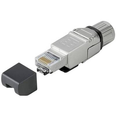 En sølvfarvet netværksstik med en aftagelig sort beskyttelseshætte, som muliggør en Ethernet-forbindelse.