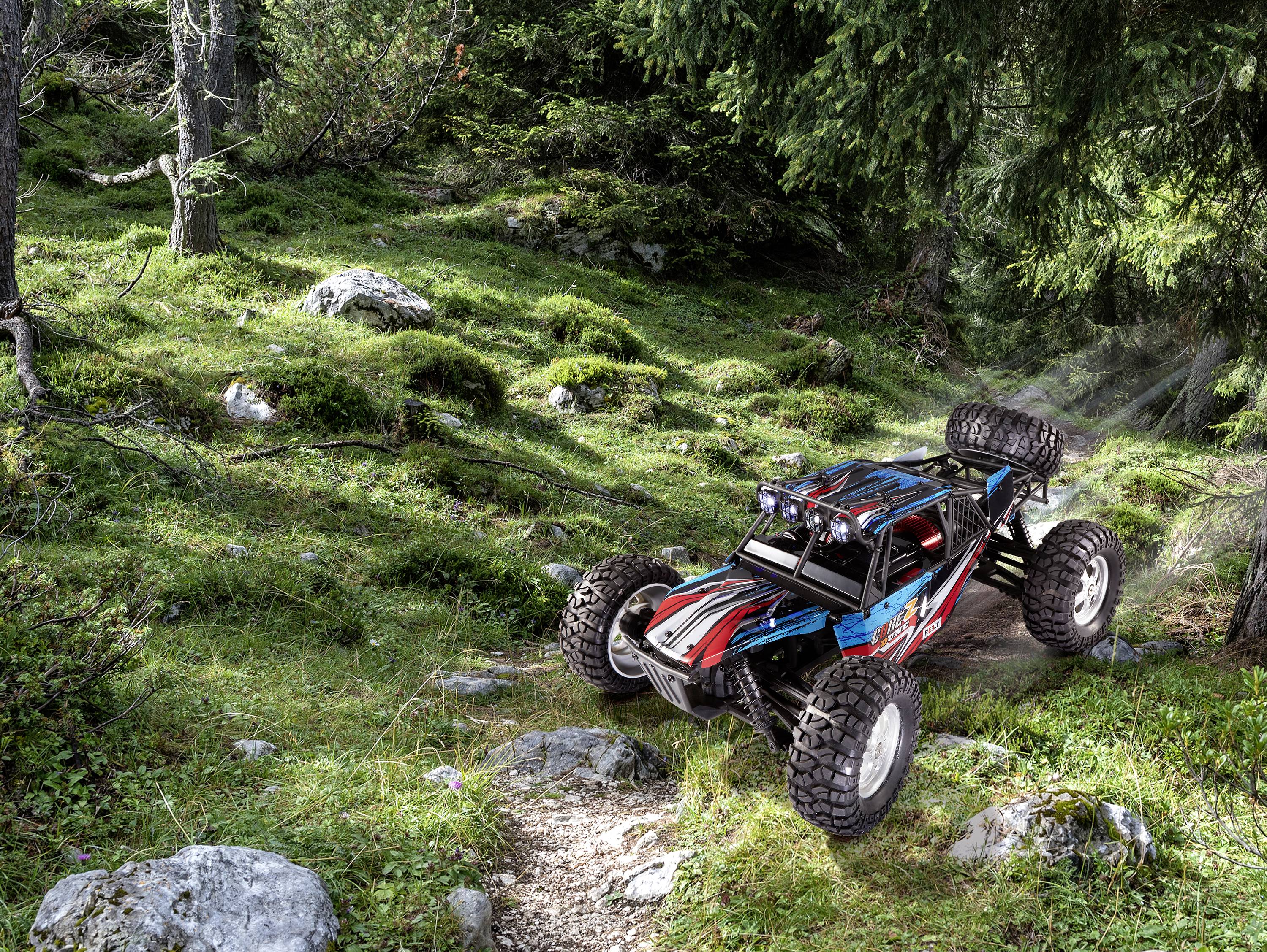 Et fjernstyret bil kører på en sti gennem et skovområde dækket af mos.