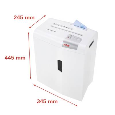 En hvid dokumentmakuleringsmaskine med dimensionerne 245 mm x 445 mm x 345 mm. Øverst ses betjeningspanelet, og der ligger et blåt papir i den.