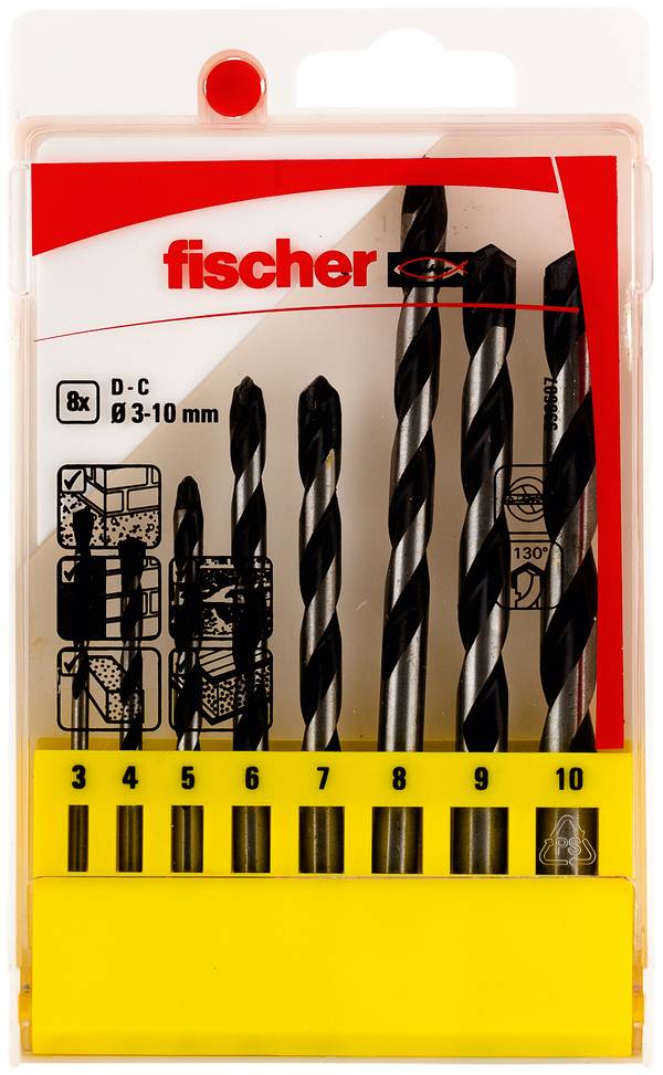 Fischer CTS 8 536607 Beton-spiralbor-sæt 8 dele 3 mm, 4 mm, 5 mm, 6 mm, 7 mm, 8 mm, 9 mm, 10 mm Cylinderskaft 1 Set