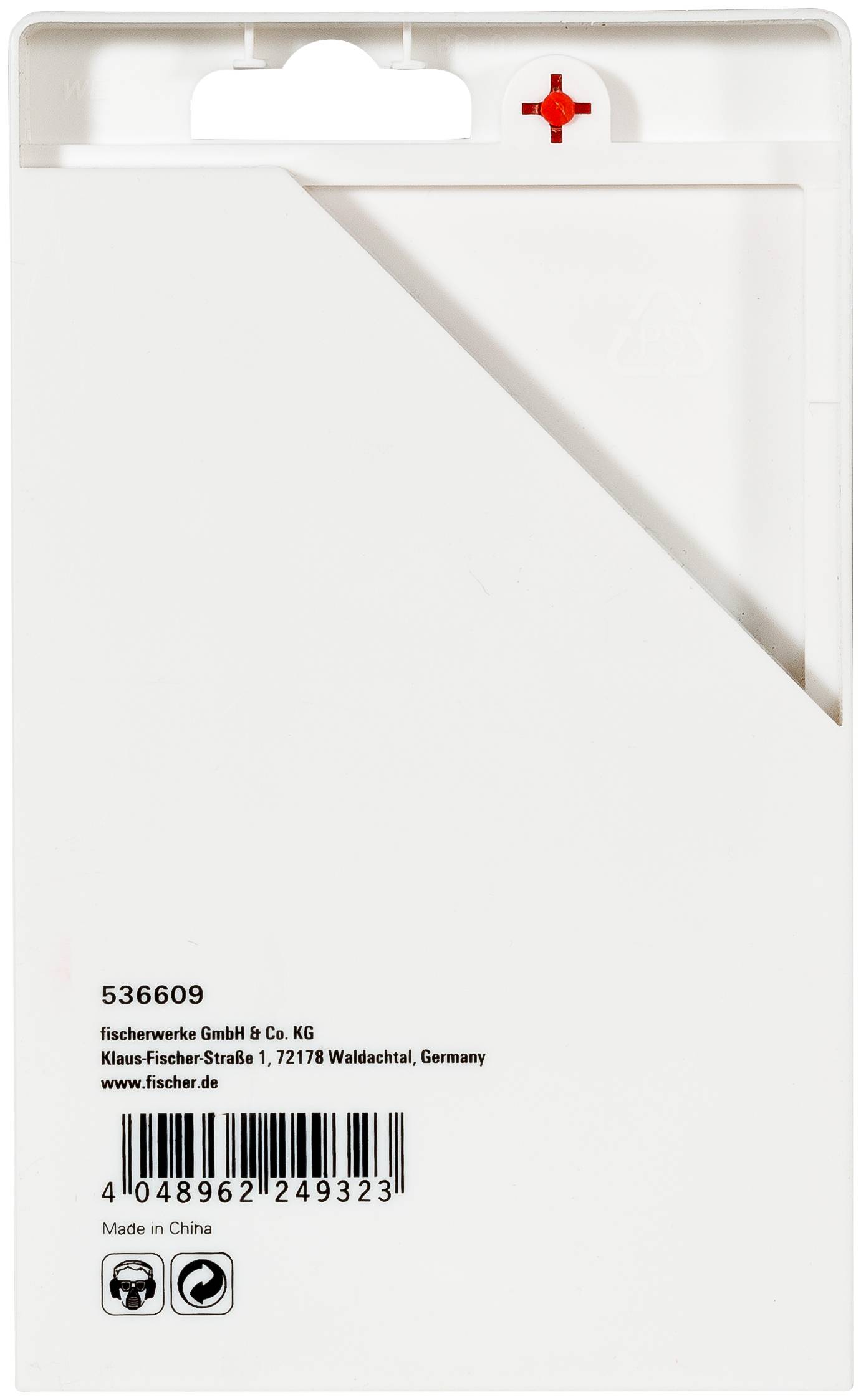 Hvidt plastikblisterpakke til et Fischer-produkt, der viser produktnummeret 536609, stregkode, firmaadresse og et rødt ophængstab-ikon.