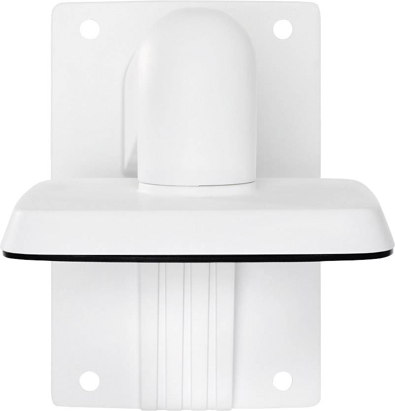 Hvid, vægmonteret beslag til sikkerhedskamera. Rektangulær base med afrundet arm. Fire fastgørelseshuller synlige.