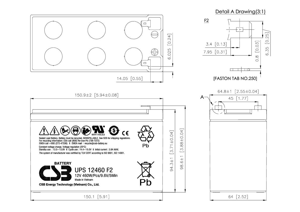 Teknisk tegning af en UPS-batteri. Viser dimensioner og tilslutningsdetaljer, herunder FASTON-tilslutning.