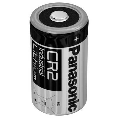 En sølvgrå-sort CR2-lithiumbatteri fra Panasonic, egnet til industrielle anvendelser.