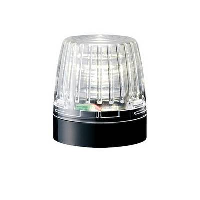 En transparent LED-lampe på en sort sokkel, som udsender hvidt lys og er egnet til signal- eller advarselsmæssige formål.